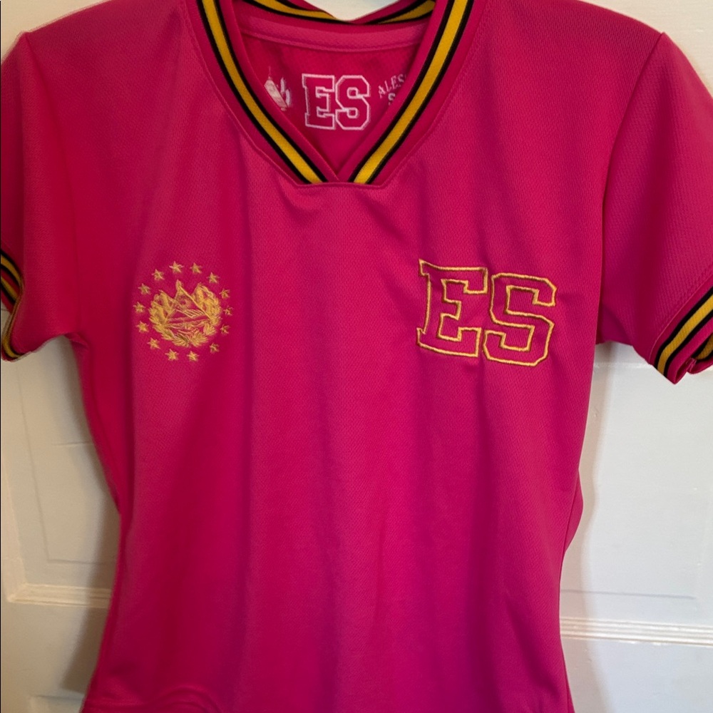 239 Girls' ES Logo Short Sleeve Soccer Tee in Pink with Yellow Trim Girls Medium